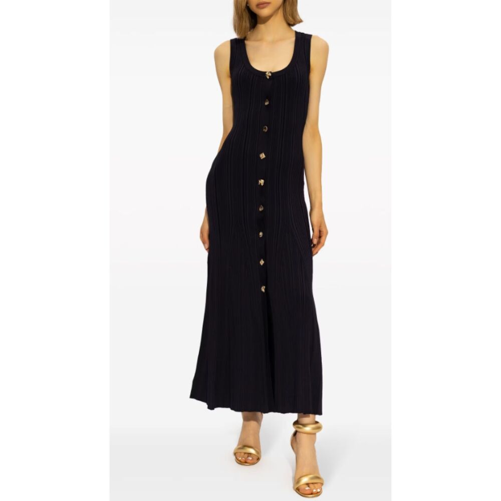 Self-Portrait Navy Ribbed Knit Gold Button Midi Maxi Dress M NWT